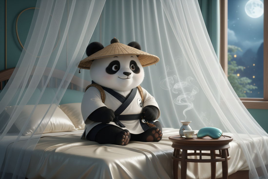 TaijiPanda AFENG in a cool summer bedroom with silk bedding and TCM aromatherapy, embodying the Taiji Sleep approach to beating mosquitoes, dust mites, heat rash, and Heart Fire for deeper summer sleep