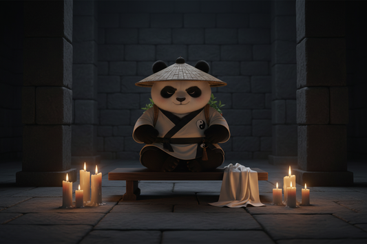TaijiPanda AFENG in candlelit Chan vigil — a meditation on the sacred gift of sleep and the wisdom of genuine rest