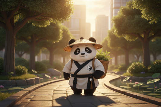 TaijiPanda AFENG walking mindfully in a city park, embodying the Taiji Sleep 10-Minute Park Theory and the Taoist principle of Tian Ren He Yi for nervous system reset and deeper sleep