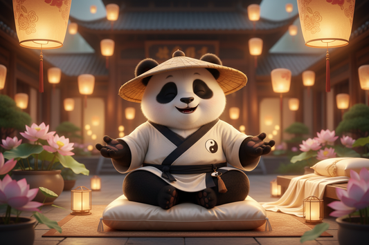 TaijiPanda AFENG meditating in the dreamlike land of Huaxu — a Taoist vision of natural, unencumbered sleep
