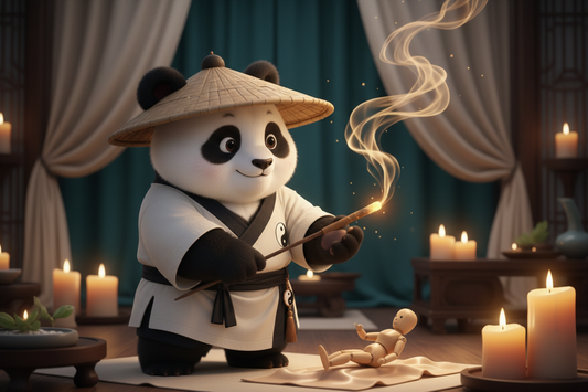 TaijiPanda AFENG in white Taoist robes performing moxibustion with a glowing moxa stick near an acupuncture point, warm golden light and rising aromatic smoke filling the serene treatment space