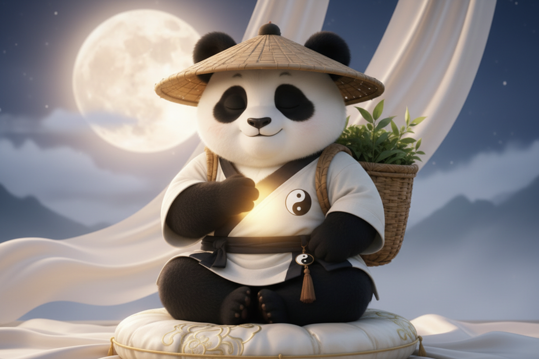 TaijiPanda AFENG in a serene healing posture, embodying the Taiji Sleep four-pillar approach to somatic anxiety relief through movement, nutrition, bedtime ritual, and deep sleep