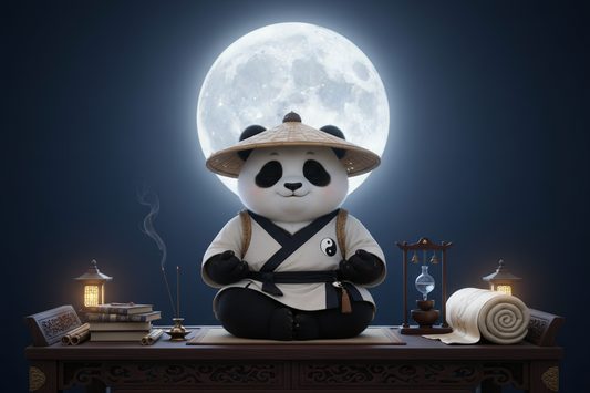 TaijiPanda AFENG in midnight stillness — embodying Nan Huaijin's zi wu gong practice of aligning sleep with the body's two sacred windows of restoration