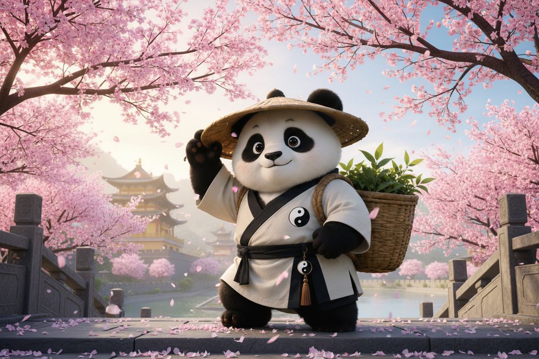 TaijiPanda AFENG in white Taoist robes standing beneath blooming cherry blossom trees on the hillside of Jiming Temple, Nanjing, at dawn