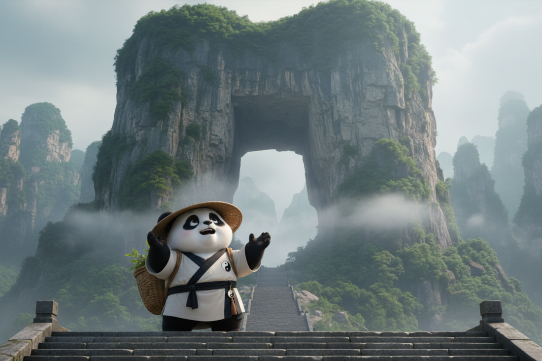 TaijiPanda AFENG in white Taoist robe standing at the threshold of the Tianmen Cave arch on Tianmen Mountain, looking through the perfect rectangular Heaven's Gate at the clouds and the Zhangjiajie valley 1,518 metres below