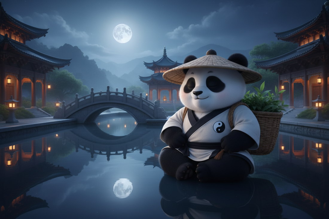 TaijiPanda AFENG meditating beside Yuantong Temple's reflecting pool in Kunming — water moon stillness and the perfect pre-sleep mind