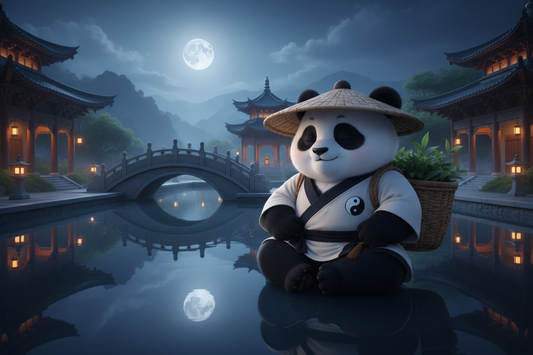 TaijiPanda AFENG meditating beside Yuantong Temple's reflecting pool in Kunming — water moon stillness and the perfect pre-sleep mind