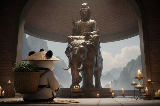 TaijiPanda AFENG in white Taoist robes seated in meditation before the bronze Samantabhadra statue at Wannian Temple on Emei Mountain, evoking the ten great vows, bedtime intention ritual, and mulberry silk sleep wisdom
