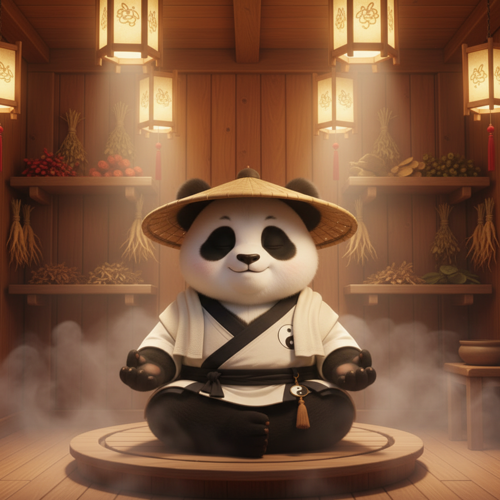 TaijiPanda AFENG practicing 晒背 back sunning in a serene summer garden, embodying the TCM wisdom of cultivating yang energy during 三伏天 for deeper sleep and vitality