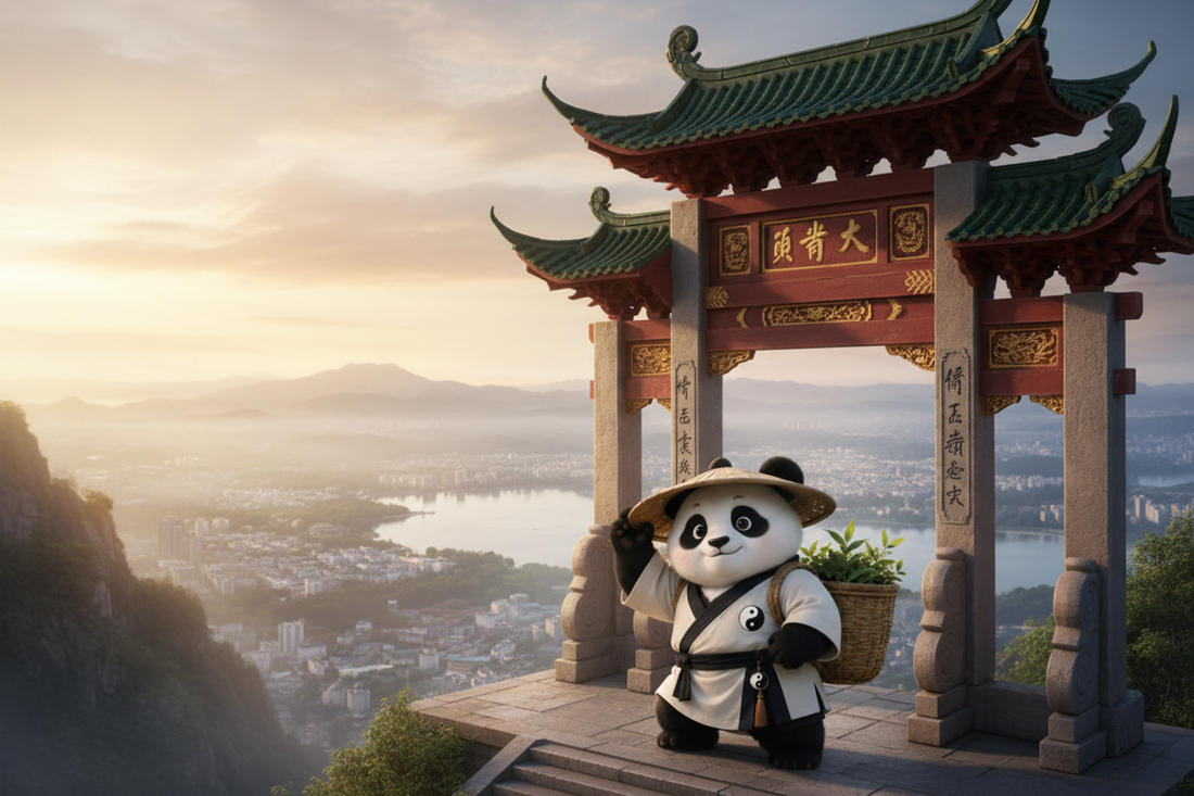 TaijiPanda AFENG at the summit of Yuhuang Mountain Hangzhou, overlooking West Lake with the Five Elements Taoist wisdom of whole-body sleep restoration