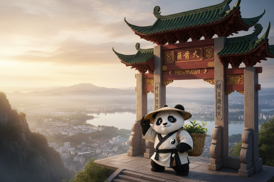 TaijiPanda AFENG at the summit of Yuhuang Mountain Hangzhou, overlooking West Lake with the Five Elements Taoist wisdom of whole-body sleep restoration