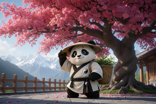 TaijiPanda AFENG in white Taoist robe standing beneath the ancient Ten Thousand Flower Camellia tree at Yufeng Temple in Lijiang, surrounded by thousands of pink and red blossoms, the Jade Dragon Snow Mountain visible through the temple courtyard