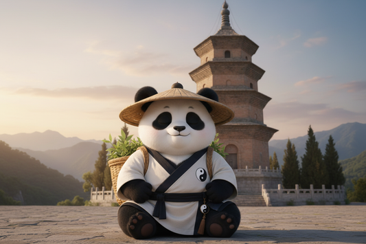 TaijiPanda AFENG in white Taoist robes seated in stillness before the Xuanzang Pagoda at Xingjiao Temple near Xi'an, evoking the pilgrim's final rest, Gui Gen release practice, and mulberry silk sleep wisdom