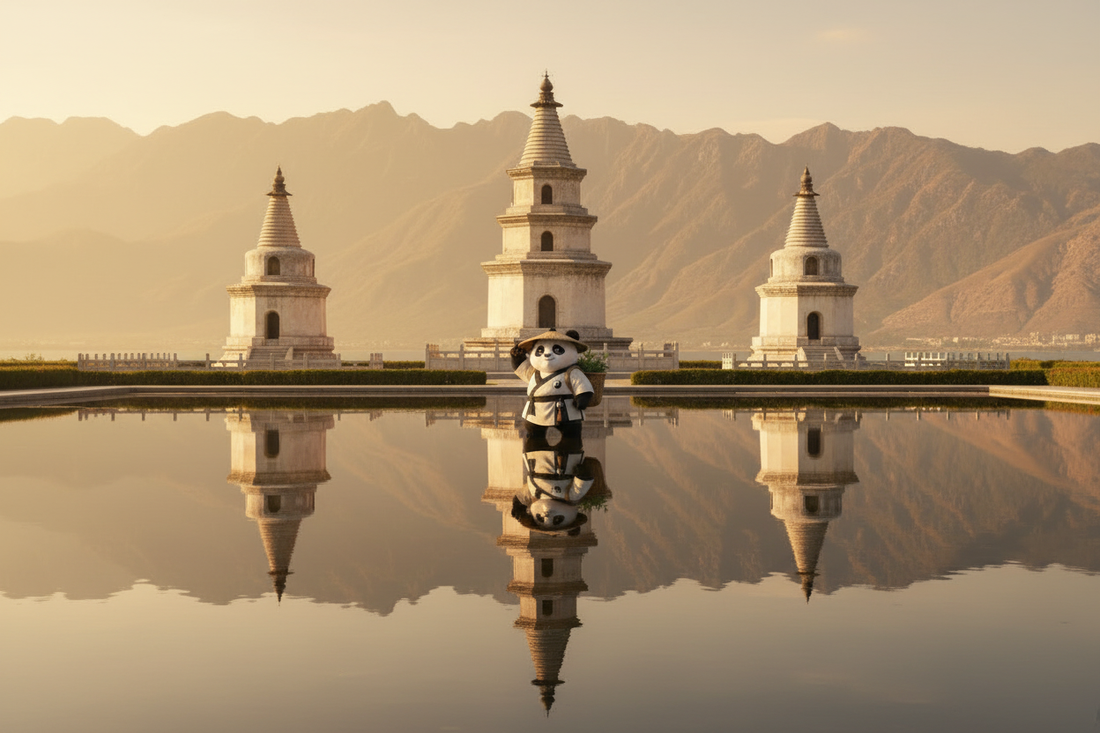 The Three Pagodas of Chongsheng Temple in Dali reflected in the still pool, Cangshan Mountain and Erhai Lake in the background, embodying the Bai Buddhist wisdom of balance and restorative sleep