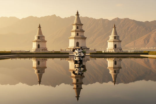 The Three Pagodas of Chongsheng Temple in Dali reflected in the still pool, Cangshan Mountain and Erhai Lake in the background, embodying the Bai Buddhist wisdom of balance and restorative sleep
