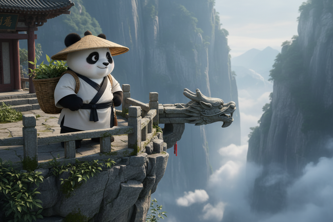 TaijiPanda AFENG standing at the cliff's edge at Nanyan Palace, Wudang Mountain — fear transformation and the Taoist path to deep sleep