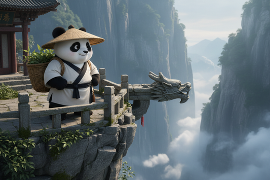 TaijiPanda AFENG standing at the cliff's edge at Nanyan Palace, Wudang Mountain — fear transformation and the Taoist path to deep sleep