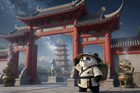 TaijiPanda AFENG in white Taoist robe standing in the courtyard of Yanqing Temple in Kaifeng at night, gazing at the star-filled sky above the ancient Jin dynasty architecture, a celestial map visible on the temple wall
