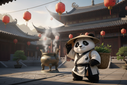 TaijiPanda AFENG in white Taoist robes standing in the incense-filled courtyard of Xuanmiao Taoist Temple, Suzhou, surrounded by the glow of temple lanterns at dusk