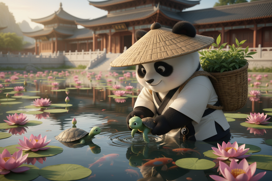 Xiyuan Temple Suzhou releasing pond — lotus flowers and ancient turtles in a serene Buddhist garden, a symbol of compassionate release and restorative rest