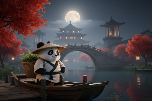 Hanshan Temple Suzhou at dusk — the ancient bronze bell tower reflected in the canal, evoking the midnight bell that reached Zhang Ji's sleepless boat