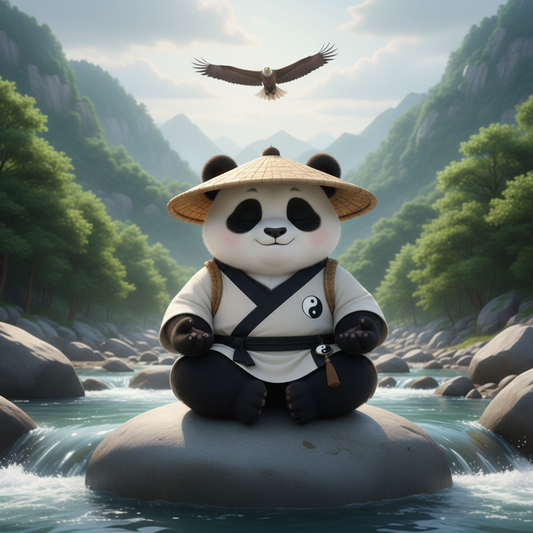 TaijiPanda AFENG in white Taoist robes performing a flowing Tai Chi posture at dawn in a misty bamboo forest, embodying the ancient Chinese principle of movement as medicine