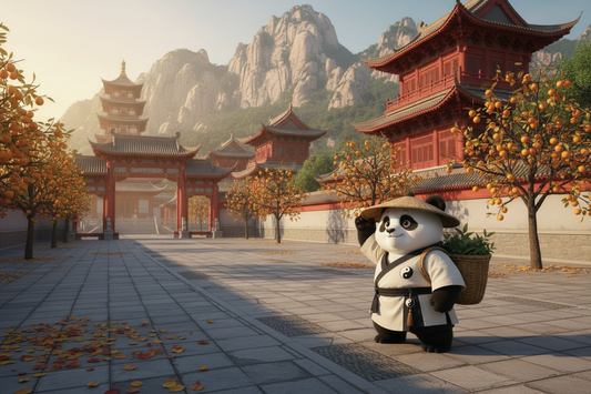 TaijiPanda AFENG in white Taoist robe meditating at the foot of Mount Hua, surrounded by autumn persimmon trees and the ancient stone gates of Xiyue Temple