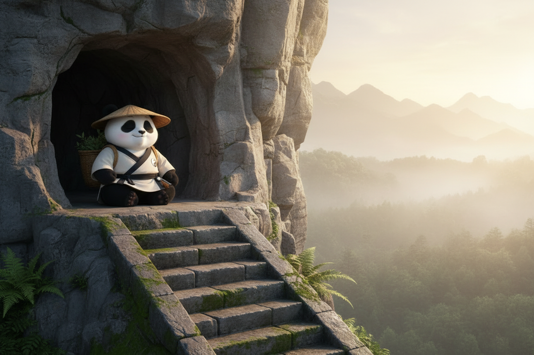TaijiPanda AFENG in white Taoist robe walking in contemplative stillness among the ancient stone pagodas of the Shaolin Pagoda Forest at dusk, mist rising between the towers and Wuru Peak visible in the background
