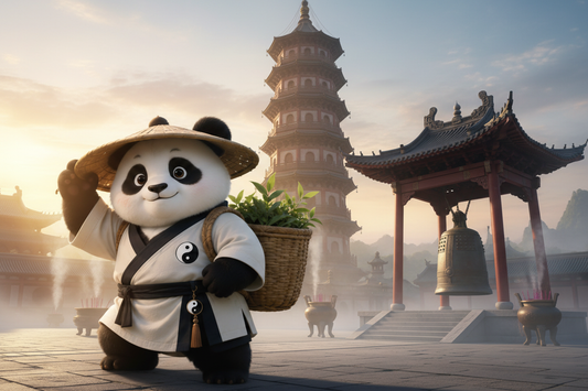 TaijiPanda AFENG in white Taoist robes standing beside the ancient bell of Longhua Temple, Shanghai, at dawn, with the seven-story pagoda rising in the morning mist behind