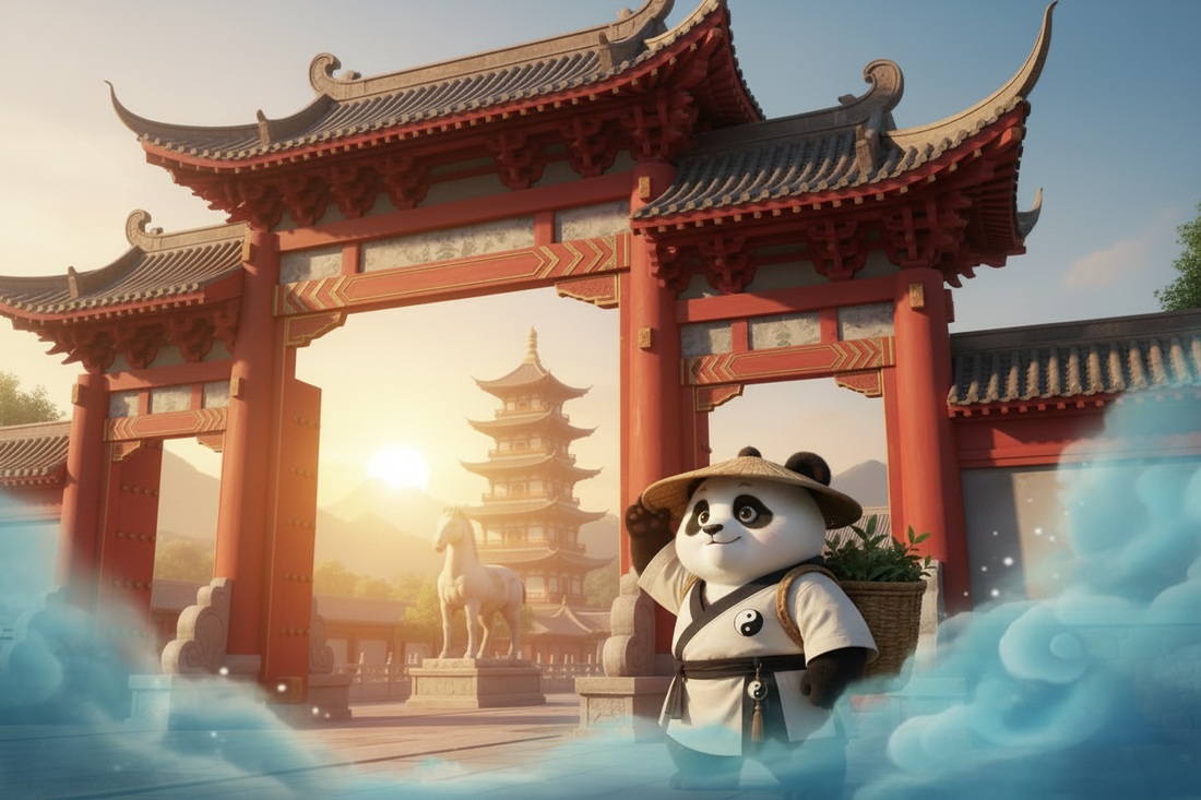 TaijiPanda AFENG in white Taoist robe standing at the entrance of Bixia Temple near the South Heaven Gate on Mount Tai, watching the first light of dawn break over the cloud sea below