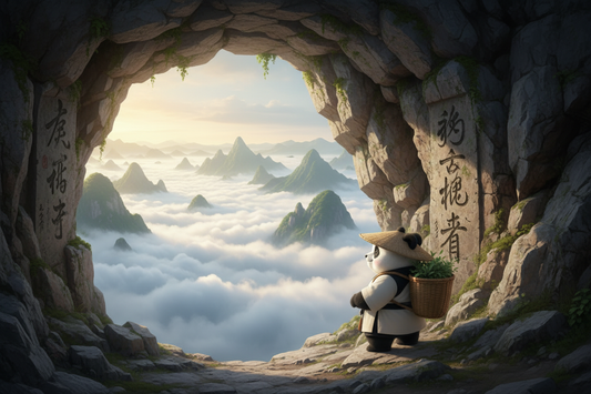 TaijiPanda AFENG standing in the cloud mist on Mount Lu, gazing at the ancient stone walls of Xilin Temple where Su Dongpo's poem is inscribed
