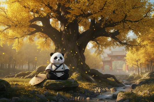 TaijiPanda AFENG at Fuyan Temple on Mount Heng, surrounded by ancient forest, embodying the Chan tradition of letting go for deep restorative sleep