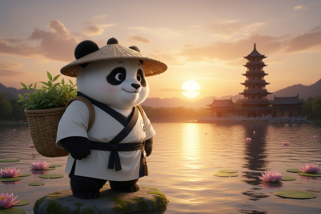 TaijiPanda AFENG in white Taoist robes standing at the bell tower of Jingci Temple, Hangzhou, with West Lake glowing in the golden evening light behind
