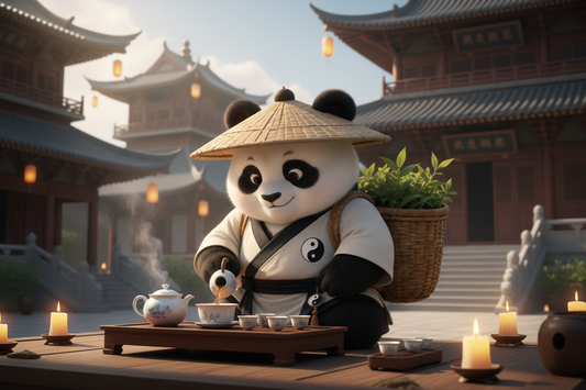 TaijiPanda AFENG in white Taoist robe performing a traditional tea ceremony in the ancient courtyard of Daci Temple in Chengdu, a gaiwan and teacups arranged on a wooden tea table, incense smoke rising in the evening light